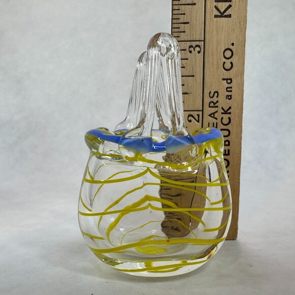 Vintage Handblown Art Glass MINI Basket Purse Blue & Yellow Swirls 2 Inch Decor - Picture 3 of 11